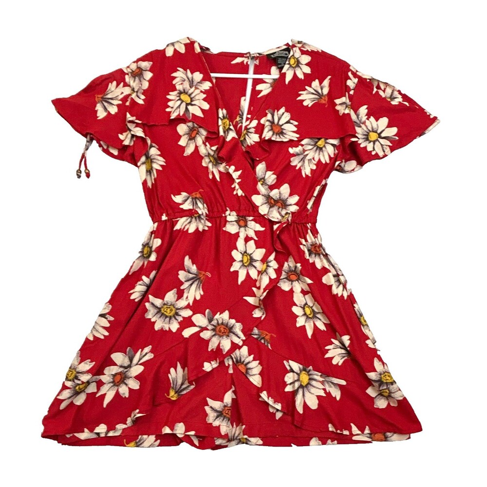 Angie Womens Red Floral Rayon V-Neck Short Sleeve Romper Elastic Waist Sz S